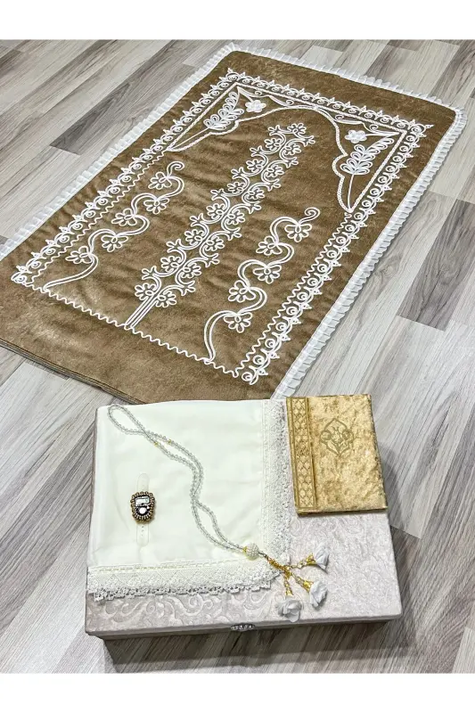 6 Parça Kadife Seccade Takımı Çeyizlik Bohça Sandıklı Gelin Damat Seti - Bej - 2