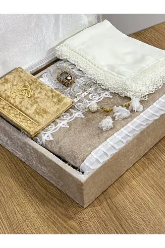 6 Parça Kadife Seccade Takımı Çeyizlik Bohça Sandıklı Gelin Damat Seti - Bej - 3