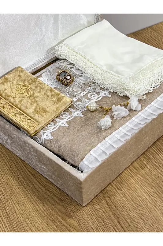 6 Parça Kadife Seccade Takımı Çeyizlik Bohça Sandıklı Gelin Damat Seti - Bej - 3