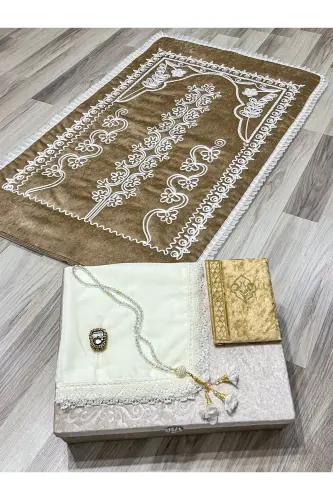 6 Parça Kadife Seccade Takımı Çeyizlik Bohça Sandıklı Gelin Damat Seti - Bej - 4