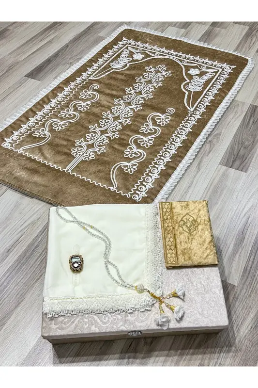 6 Parça Kadife Seccade Takımı Çeyizlik Bohça Sandıklı Gelin Damat Seti - Bej - 4