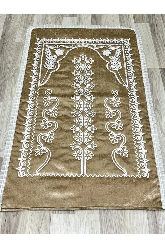 6 Parça Kadife Seccade Takımı Çeyizlik Bohça Sandıklı Gelin Damat Seti - Bej - 5