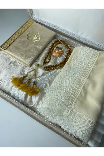 6 Parça Kadife Seccade Takımı Çeyizlik Bohça Sandıklı Gelin Damat Seti - Bej - 6