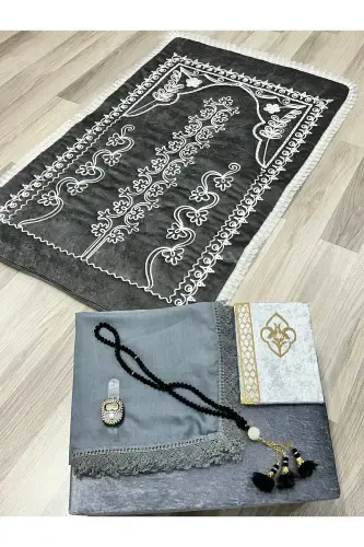 6 Parça Kadife Seccade Takımı Çeyizlik Bohça Sandıklı Gelin Damat Seti-Gri - 6