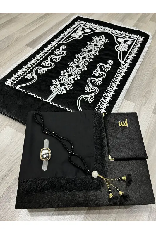 6 Parça Kadife Seccade Takımı Çeyizlik Bohça Sandıklı Gelin Damat Seti-SİYAH - 2