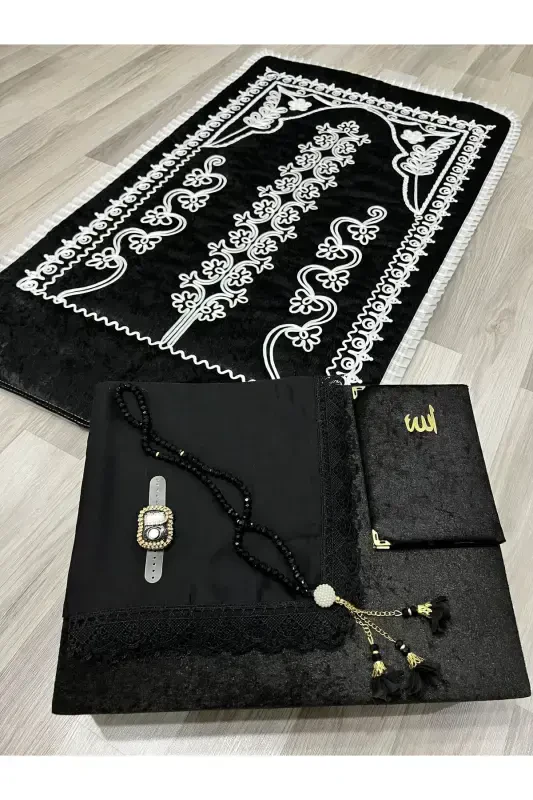 6 Parça Kadife Seccade Takımı Çeyizlik Bohça Sandıklı Gelin Damat Seti-SİYAH - 2