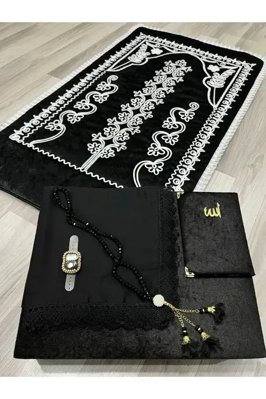 6 Parça Kadife Seccade Takımı Çeyizlik Bohça Sandıklı Gelin Damat Seti-SİYAH - 3