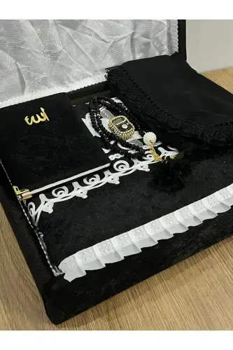 6 Parça Kadife Seccade Takımı Çeyizlik Bohça Sandıklı Gelin Damat Seti-SİYAH - 4