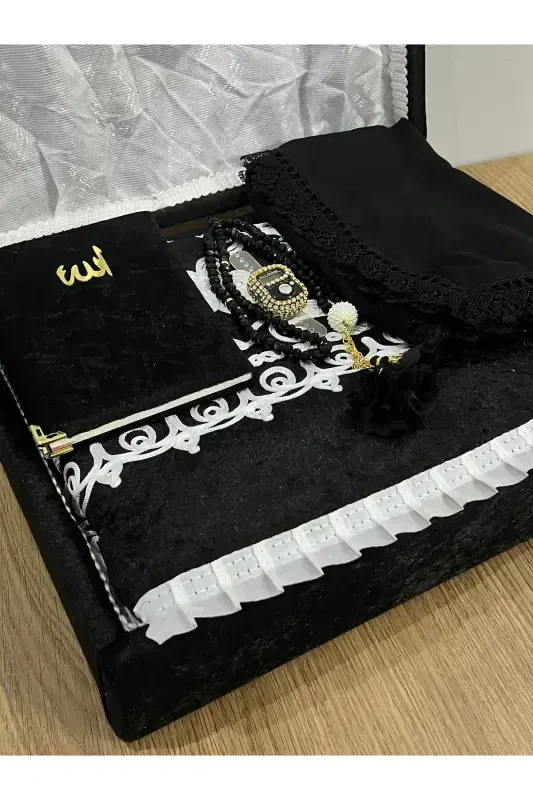 6 Parça Kadife Seccade Takımı Çeyizlik Bohça Sandıklı Gelin Damat Seti-SİYAH - 4