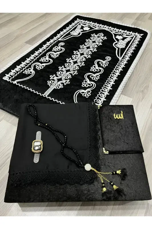 6 Parça Kadife Seccade Takımı Çeyizlik Bohça Sandıklı Gelin Damat Seti-SİYAH - 5