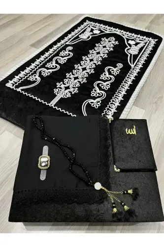 6 Parça Kadife Seccade Takımı Çeyizlik Bohça Sandıklı Gelin Damat Seti-SİYAH - 6