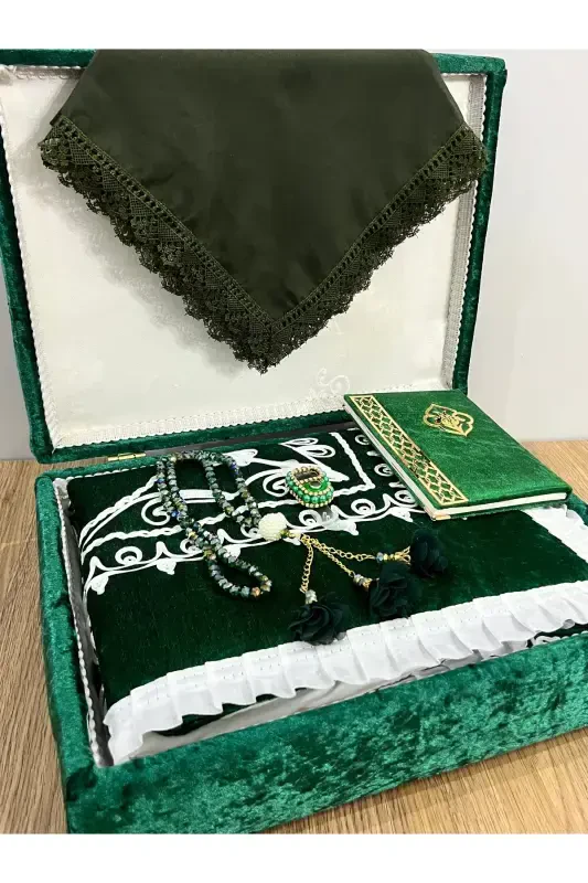 6 Parça Kadife Seccade Takımı Çeyizlik Bohça Sandıklı Gelin Damat Seti-Yeşil - 6