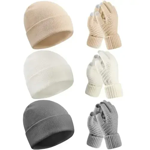 6 Pieces Women Knit Beanie Hats Touchscreen Gloves Set for Winter Cute Hats Soft Skull Cap Gifts for Christmas 