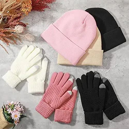6 Pieces Women Knit Beanie Hats Touchscreen Gloves Set for Winter Cute Hats Soft Skull Cap Gifts for Christmas - 4