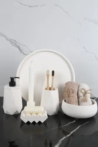 6 Parça Mermer Desenli Beton Banyo Seti Katı Sıvı Sabunluk Diş Fırçalığı Havluluk Tütsülük Tepsi-Beyaz 