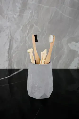 6 Parça Mermer Desenli Beton Banyo Seti Qattiq Suyuq Sovun Dispenzeri Tish Cho'tkasi Sochig'i Tutatqi Laganda-Beton Kulrang - 4