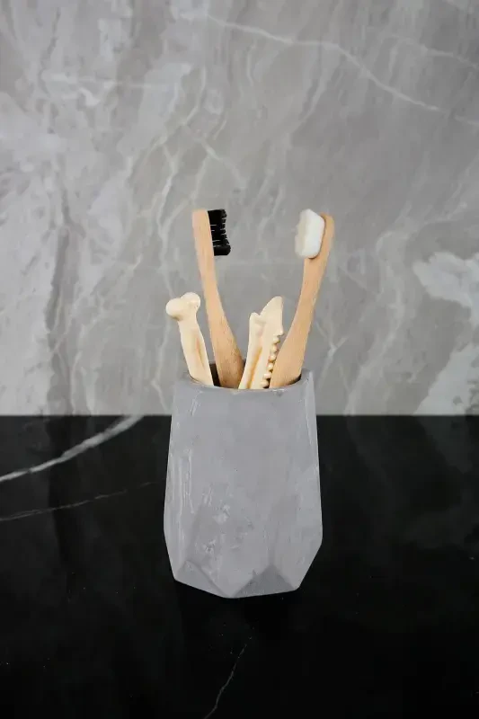 6 Parça Mermer Desenli Beton Banyo Seti Qattiq Suyuq Sovun Dispenzeri Tish Cho'tkasi Sochig'i Tutatqi Laganda-Beton Kulrang - 4