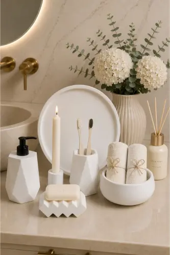 6 Parça Mermer Desenli Dekoratif Beton Banyo Seti - Sade Beyaz 