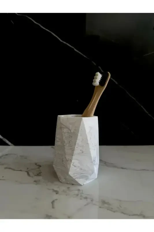 6 Parça Mermer Desenli Dekoratif Beton Banyo Seti-Siyah Beyaz - 3