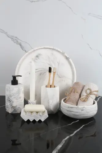 6 Parça Mermer Desenli Dekoratif Beton Banyo Seti-Siyah Beyaz 