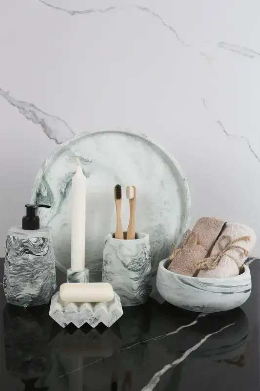 6 Parça Mermer Desenli Dekoratif Beton Banyo Seti-Yeşil - 1