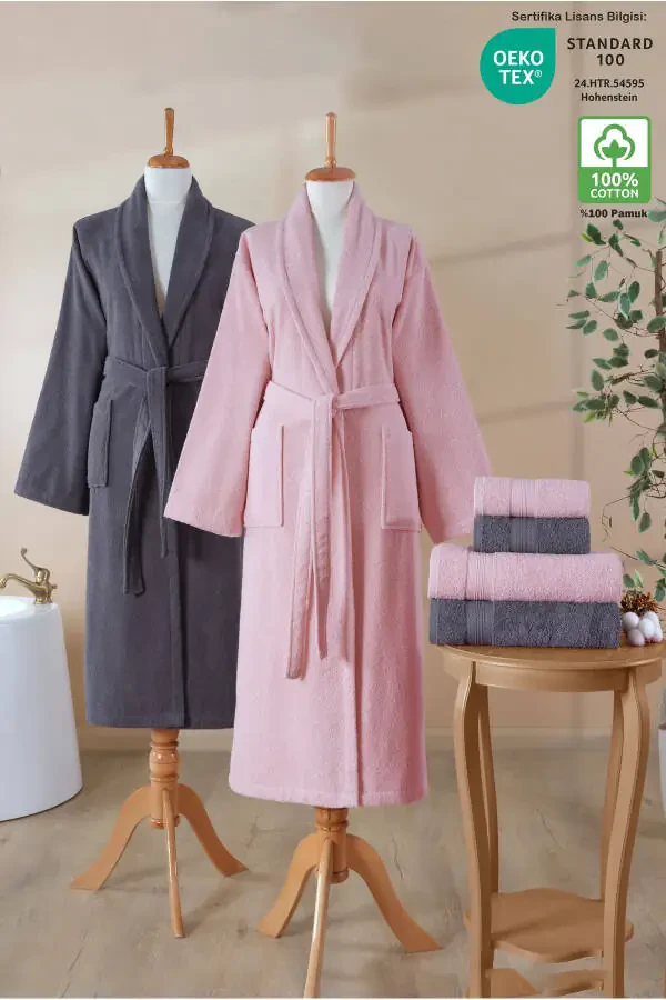 6 Parça Bornoz Seti %100 Pamuk Sertifikalı, Aile Bornoz Takımı | Çeyizlik | Pembe - Antrasit-Pembe - 1