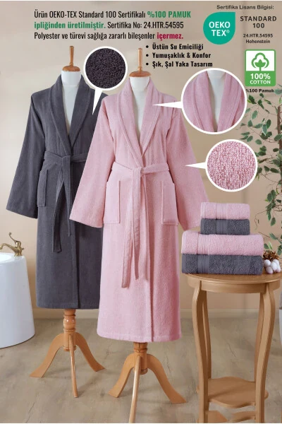 6 Parça Bornoz Seti %100 Pamuk Sertifikalı, Aile Bornoz Takımı | Çeyizlik | Pembe - Antrasit-Pembe - ELLALINE (1)