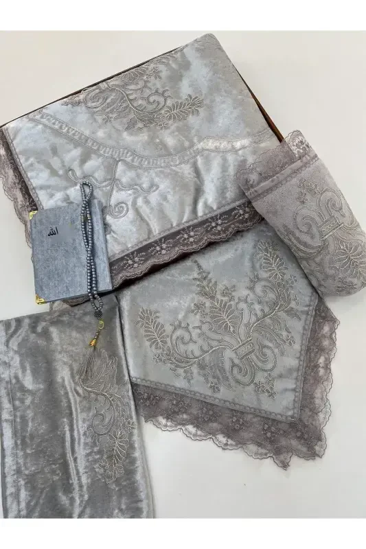 6 Parça Seccade Takımı Çeyizlik Bohça Kutulu Kadife Güpürlü Gelin Damat Seti-GRİ - 3