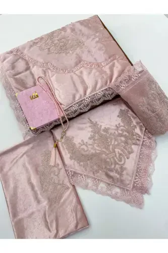 6 Parça Seccade Takımı Çeyizlik Bohça Kutulu Kadife Güpürlü Gelin Damat Seti-Pembe - 1