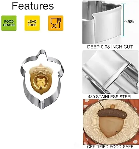 6 Pieces Thanksgiving Cookie Cutters, Fall Themed Holiday Cookie Cutter Shapes of Pumpkin,Maple Leaves,Oak Leaves,Turkey,Squirrel,and Acorn Cookie Cutters with Decorating Instructions - 3