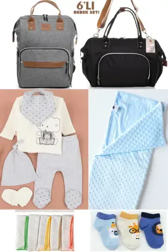 6 PCS BABY BIRTH SET (HOSPITAL OUTFIT, MOM&BABY CARE SHOULDER AND BACKPACK, BLANKET, SOCKS AND CLOTH)-GRAY - 1