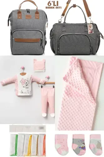 6 PCS BABY BIRTH SET (HOSPITAL OUTFIT, MOM&BABY CARE SHOULDER AND BACKPACK, BLANKET, SOCKS AND CLOTH)-GRAY - 1
