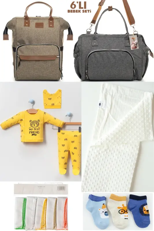 6 PCS BABY BIRTH SET (HOSPITAL OUTFIT, MOM&BABY CARE SHOULDER AND BACKPACK, BLANKET, SOCKS AND HANDKERCHIEF)-BEIGE - 1