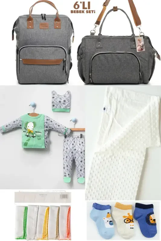 6 PCS BABY BIRTH SET (HOSPITAL OUTFIT, MOM&BABY CARE SHOULDER AND BACKPACK, BLANKET, SOCKS AND HANDKERCHIEF)-GRAY - 1