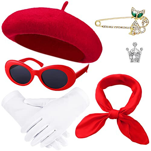 6 Pcs French Red Beret Hat Set Women Girls French Themed Party Accessories Retro Chiffon Scarf Oval Sunglasses Gloves Alloy Brooch for Costume Accessories - 6