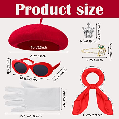 6 Pcs French Red Beret Hat Set Women Girls French Themed Party Accessories Retro Chiffon Scarf Oval Sunglasses Gloves Alloy Brooch for Costume Accessories - 2