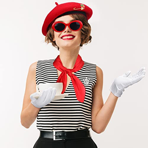 6 Pcs French Red Beret Hat Set Women Girls French Themed Party Accessories Retro Chiffon Scarf Oval Sunglasses Gloves Alloy Brooch for Costume Accessories - 4