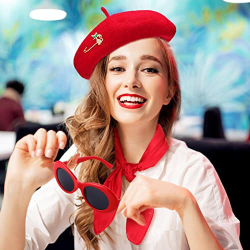 6 Pcs French Red Beret Hat Set Women Girls French Themed Party Accessories Retro Chiffon Scarf Oval Sunglasses Gloves Alloy Brooch for Costume Accessories - 5