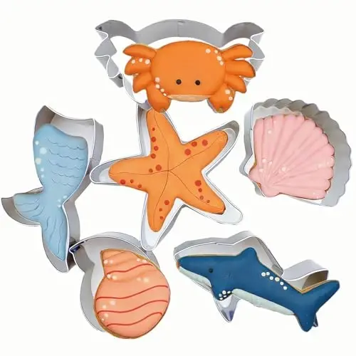 6 PCS Mermaid Cookie Cutters, Mermaid Tail,Starfish,Seashell, Shark, Crab Shapes Summer Themed Biscuits Molds Stainless Steel Metal Cutter for Kids Birthday Party Holidays 