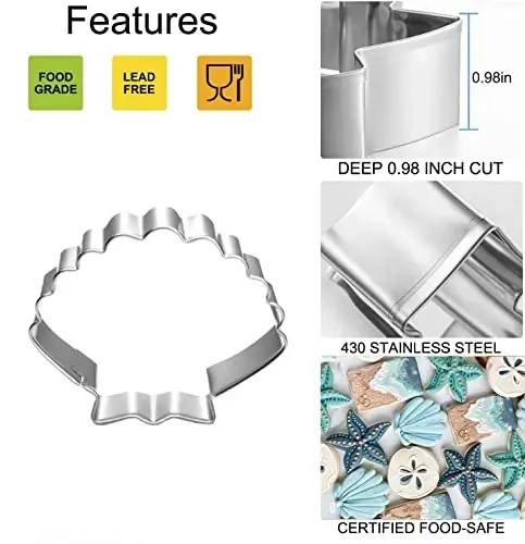 6 PCS Mermaid Cookie Cutters, Mermaid Tail,Starfish,Seashell, Shark, Crab Shapes Summer Themed Biscuits Molds Stainless Steel Metal Cutter for Kids Birthday Party Holidays - 3