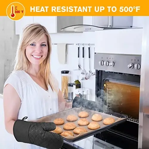 6 Pcs Oven Mitts and Pot Holders, 500℉ Heat Resistant Oven Mitts with Kitchen Towels Soft Cotton Lining and Non-Slip Silicone Surface Safe for Baking, Cooking, BBQ (Black) - 2