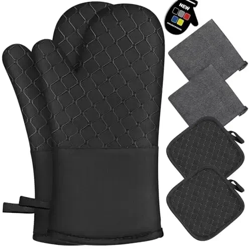 6 Pcs Oven Mitts and Pot Holders, 500℉ Heat Resistant Oven Mitts with Kitchen Towels Soft Cotton Lining and Non-Slip Silicone Surface Safe for Baking, Cooking, BBQ (Black) - 1