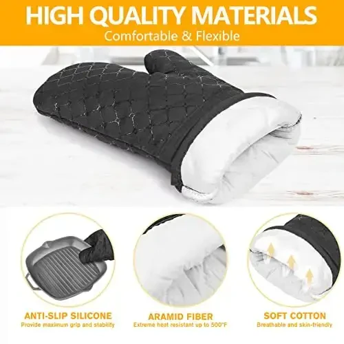 6 Pcs Oven Mitts and Pot Holders, 500℉ Heat Resistant Oven Mitts with Kitchen Towels Soft Cotton Lining and Non-Slip Silicone Surface Safe for Baking, Cooking, BBQ (Black) - 3