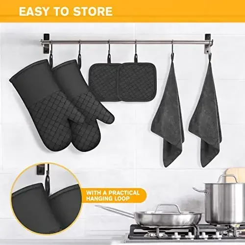 6 Pcs Oven Mitts and Pot Holders, 500℉ Heat Resistant Oven Mitts with Kitchen Towels Soft Cotton Lining and Non-Slip Silicone Surface Safe for Baking, Cooking, BBQ (Black) - 6