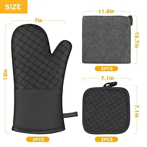 6 Pcs Oven Mitts and Pot Holders, 500℉ Heat Resistant Oven Mitts with Kitchen Towels Soft Cotton Lining and Non-Slip Silicone Surface Safe for Baking, Cooking, BBQ (Black) - 7