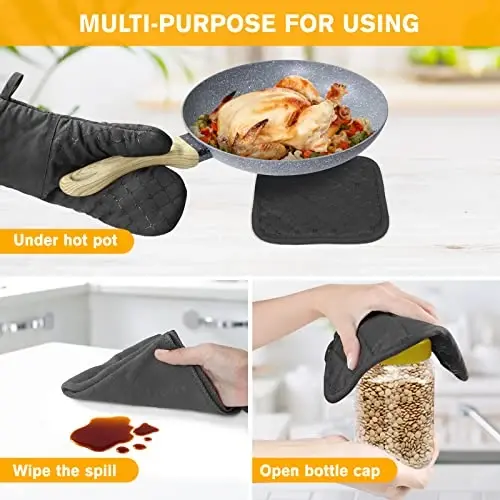 6 Pcs Oven Mitts and Pot Holders, 500℉ Heat Resistant Oven Mitts with Kitchen Towels Soft Cotton Lining and Non-Slip Silicone Surface Safe for Baking, Cooking, BBQ (Black) - 5
