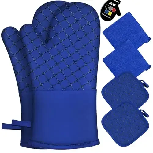 6 Pcs Oven Mitts and Pot Holders, 500℉ Heat Resistant Oven Mitts with Kitchen Towels Soft Cotton Lining and Non-Slip Silicone Surface Safe for Baking, Cooking, BBQ (Blue) 