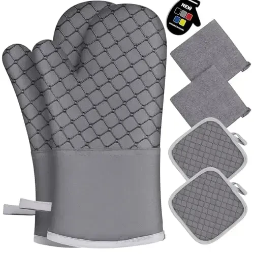 6 Pcs Oven Mitts and Pot Holders, 500℉ Heat Resistant Oven Mitts with Kitchen Towels Soft Cotton Lining and Non-Slip Silicone Surface Safe for Baking, Cooking, BBQ (Grey) - 1