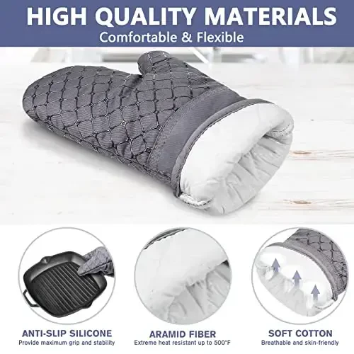 6 Pcs Oven Mitts and Pot Holders, 500℉ Heat Resistant Oven Mitts with Kitchen Towels Soft Cotton Lining and Non-Slip Silicone Surface Safe for Baking, Cooking, BBQ (Grey) - 3