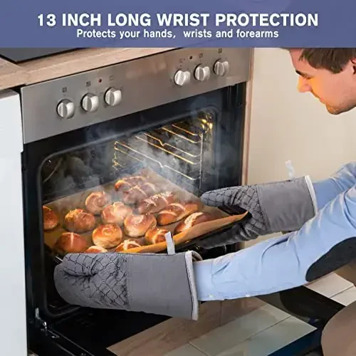 6 Pcs Oven Mitts and Pot Holders, 500℉ Heat Resistant Oven Mitts with Kitchen Towels Soft Cotton Lining and Non-Slip Silicone Surface Safe for Baking, Cooking, BBQ (Grey) - 4